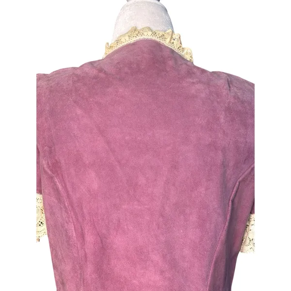 Vintage Pink Suede Lace Trim Western‎ Prairie Blouse Peplum Romantic Leather Top - Image 7