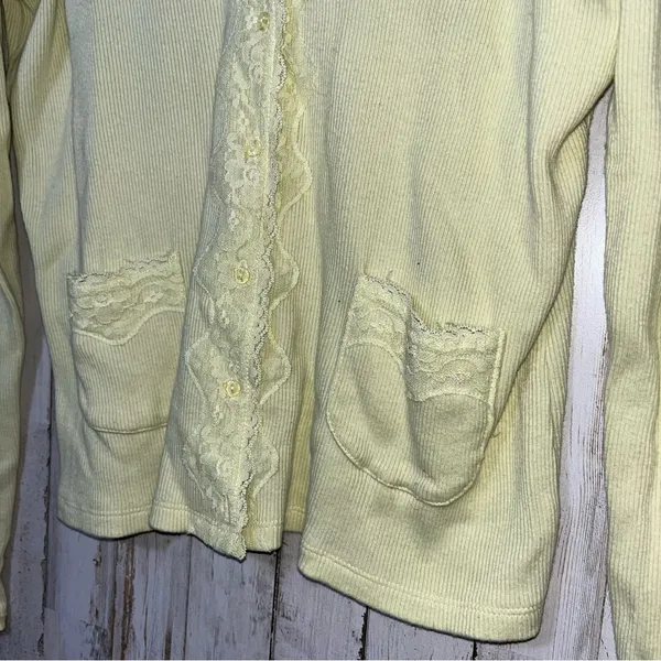 American Vintage Vintage Y2K J.H. Yellow Green Lace Ribbed‎ Button Cardigan Sweater Womens Large - Image 2