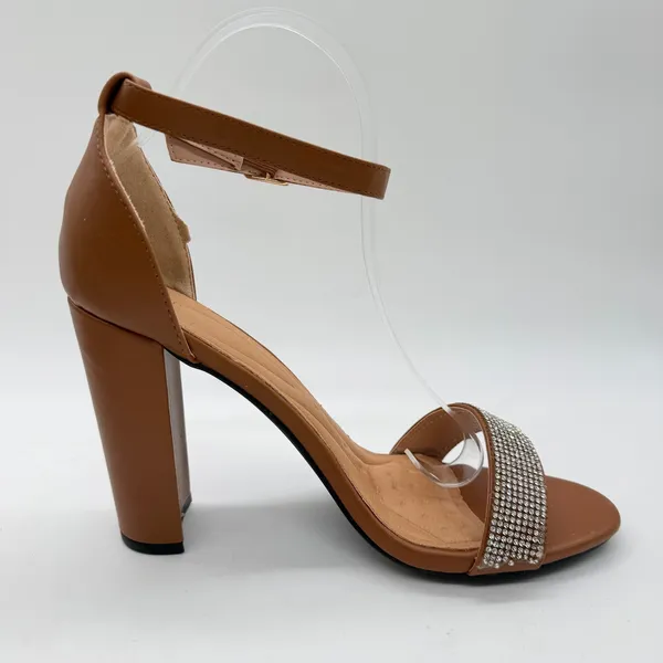 Womens Cognac Brown Rhinestone Ankle Strap Block Heel Sandals Size 9 Dressy - Image 5