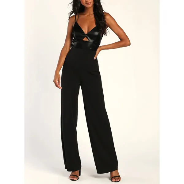 Lulus Fit the Fashion Black Sleeveless Vegan Leather Wide-Leg Jumpsuit Medium - Image 2