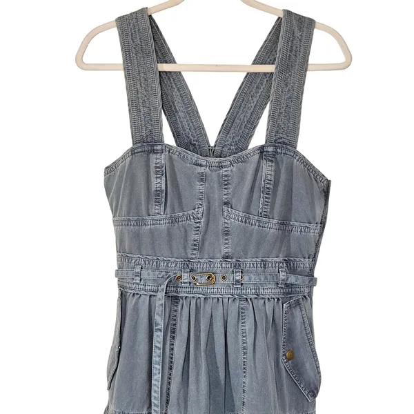 Ulla‎ Johnson Enzo Denim Dress Blue Cotton Tiered Midi Sweetheart Neck Size 4 - Image 5