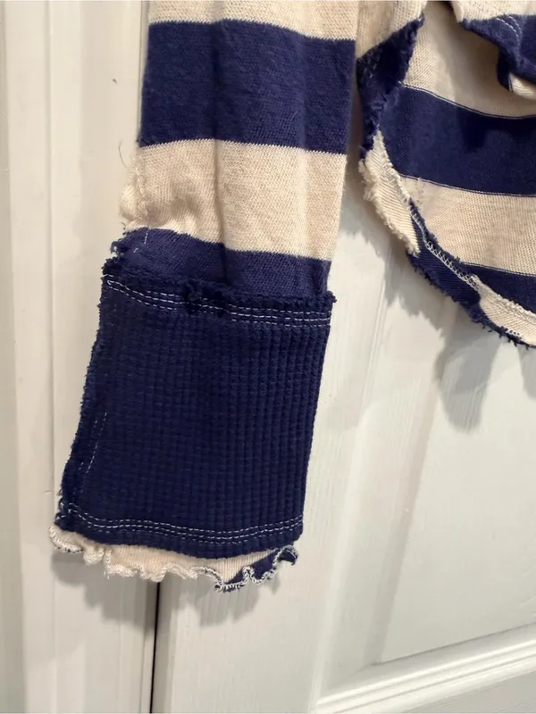 NWOT Free People We The Free Size L Blue Cream Striped Thermal Knit V Neck Top - Image 6