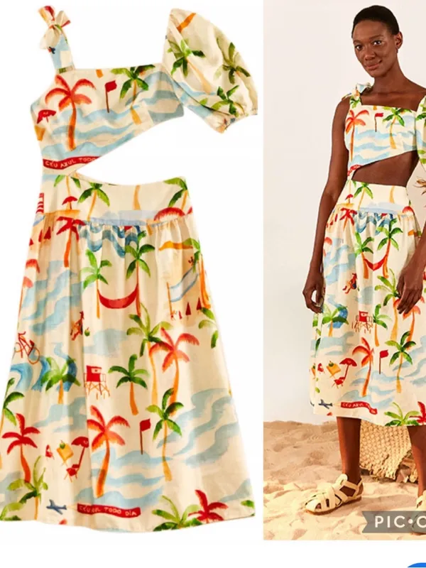 Farm Rio Copacobana size large midi dress split new cream travel resort vaca isl - Image 2