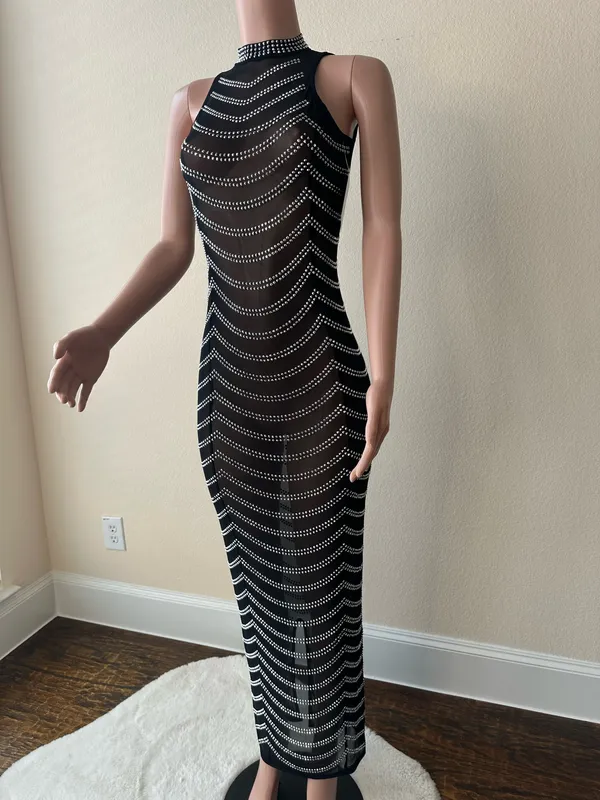 Brand New! Special Occasion Women’s Black Rhinestone Embellished Mesh Dress – Size Small - Image 4
