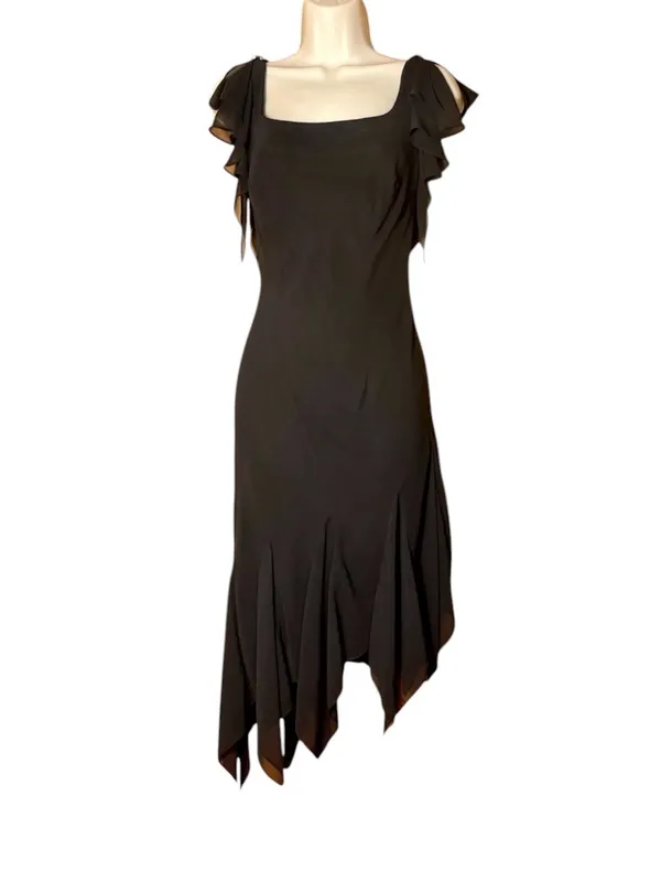 Vintage Alex Evenings Black Chiffon Midi Dress Handkerchief Hem Witchy 90s Y2K - Image 3