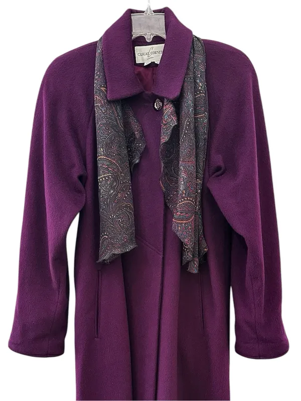 Vintage Casual Corner Purple Wool Long Coat USA Made Trench Scarf Purple Size 8 - Image 2