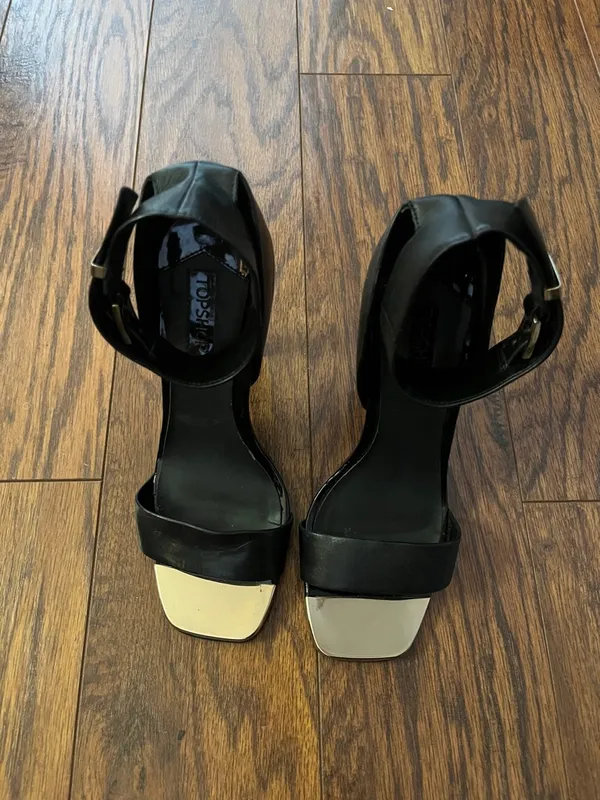Topshop Black High-Heel Ankle-Strap Sandals with Metallic Toe Accent - Image 2