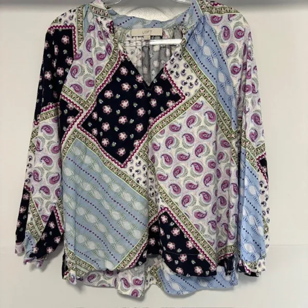 LOFT Womens L Linen Blend Patchwork Paisley Blouse Boho 3/4 Raglan Sleeve Top - Image 2