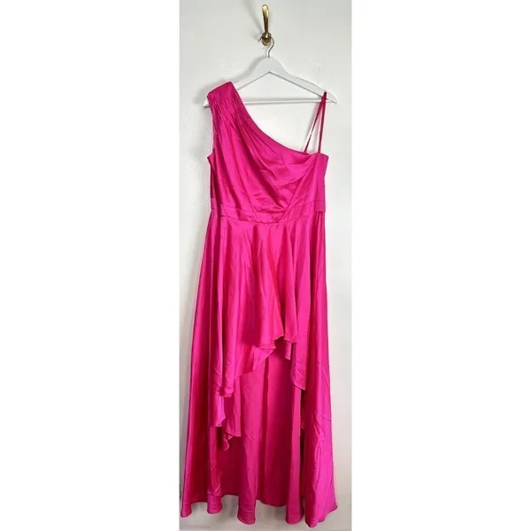 MAC DUGGAL One-Shoulder High-Low Satin Gown in Hot Pink Size Large - Image 2