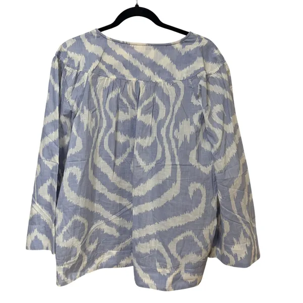 Anthropologie Blue White Ikat Cotton V-Neck Blouse XL Boho 3/4 Sleeve‎ Top - Image 3