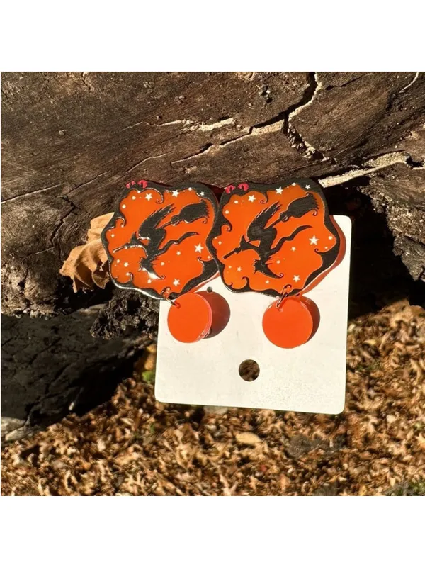 NEW Halloween Flying Witch Orange Acrylic Dangle Earrings Spooky Fall - Image 2