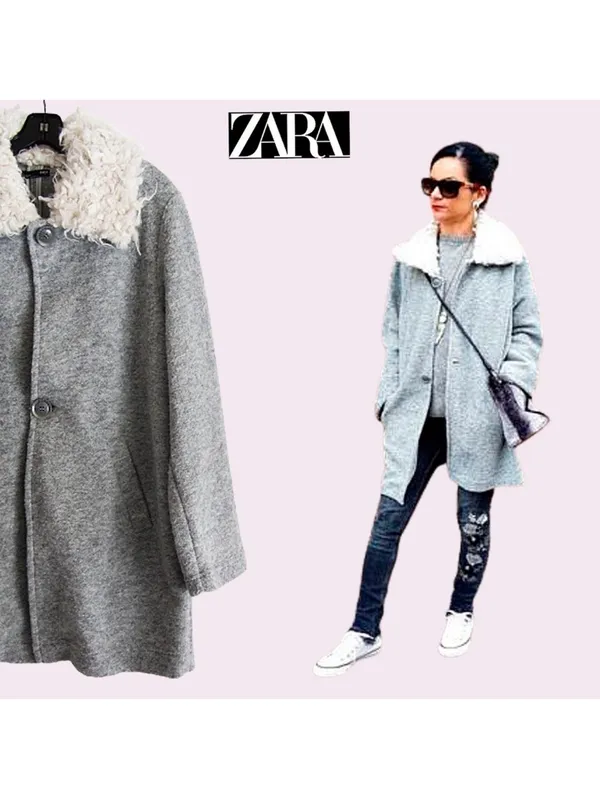 ZARA Gray Coat with Cream Faux-Shearling Collar - Image 4