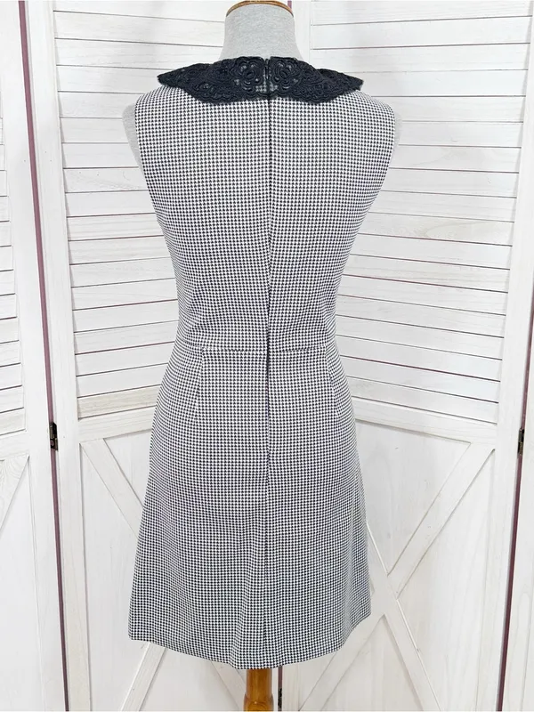 Betsey Johnson Lace Collar Houndstooth Sheath Dress Black White Sz 6 Sleeveless - Image 5