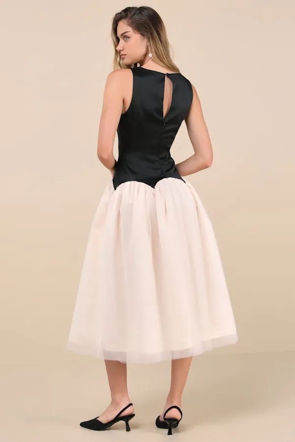 Lulus Satin Bodice Tulle Skirt Drop Waist Colorblock Midi Dress - Image 3