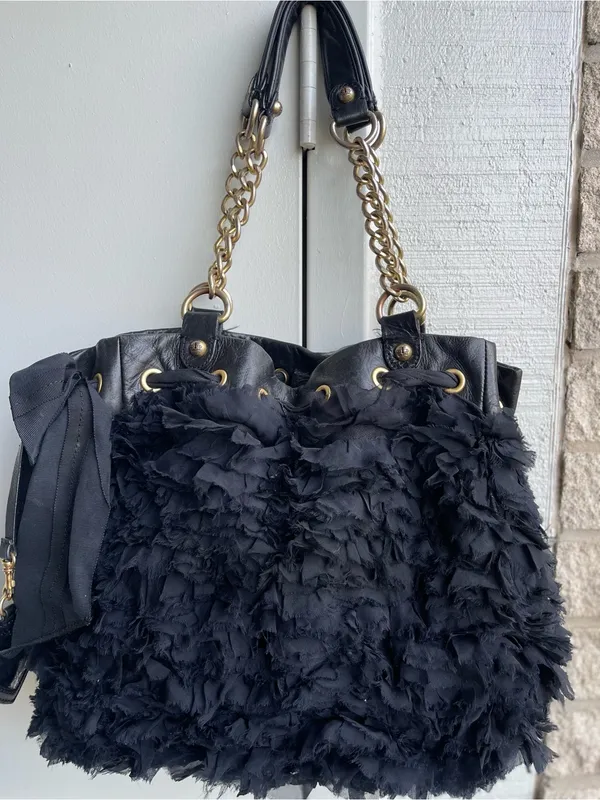 Juicy Couture Daydreamer Luxe Black Chiffon Leather Bow Gold Chain Y2K Bag - Image 3