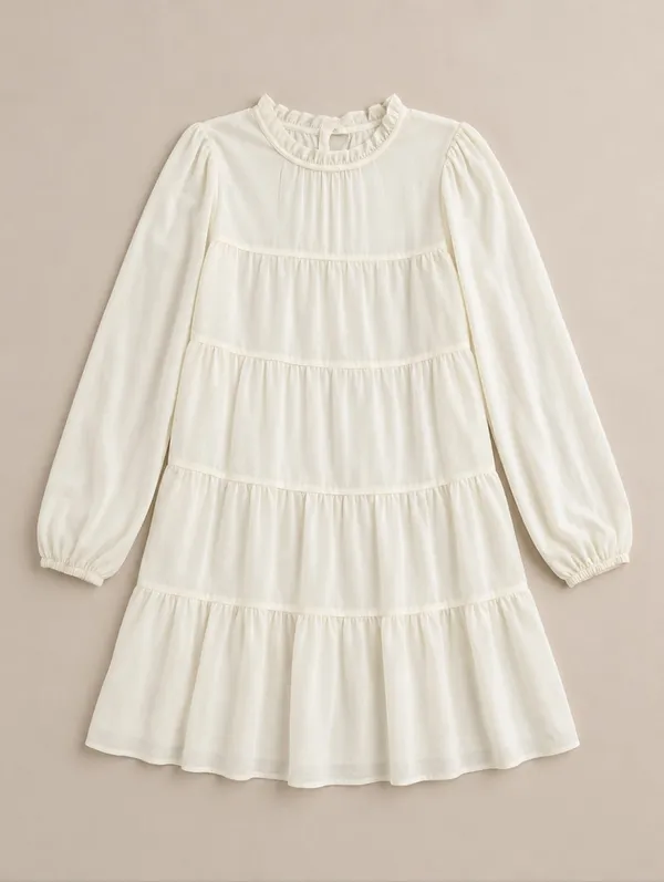 Babydoll Mock Neck Long Sleeve Tiered Mini Dress Cream Womens Size M Victorian - Image 2