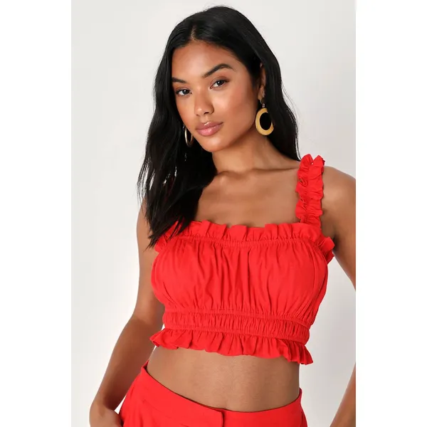 Lulus Hotter Temps Red Linen Ruffled Two-Piece Romper Set NWT Medium - Image 4