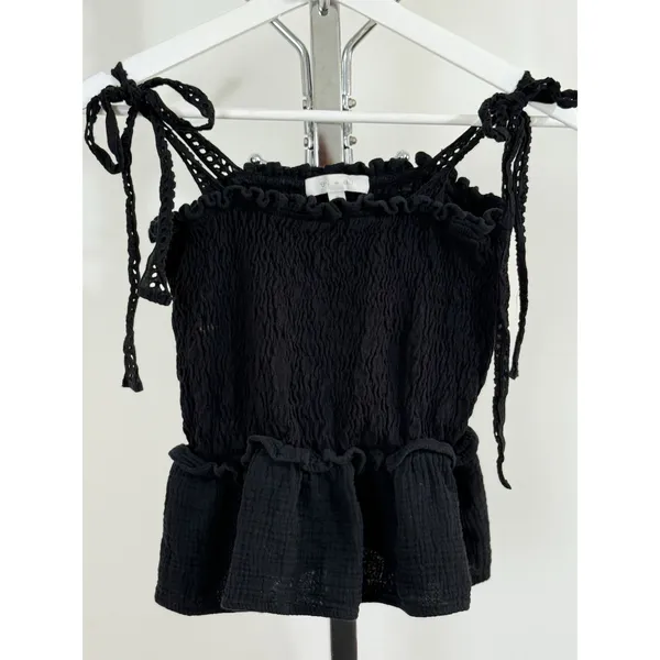 Eli + Ali Black Smocked Peplum Cami Top Womens M Tie Straps Cottagecore Peasant - Image 2