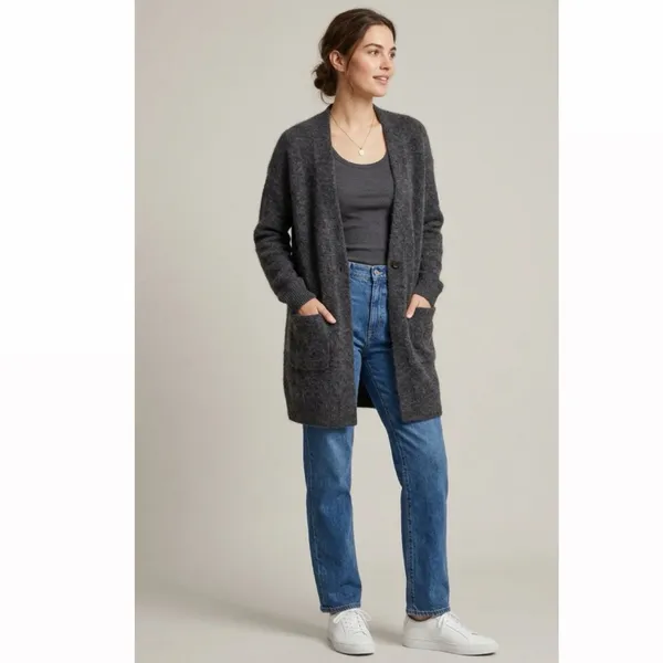Uniqlo 100% Wool Knit Oversized Long Cardigan Charcoal Gray Sz Small Cabin Core - Image 5