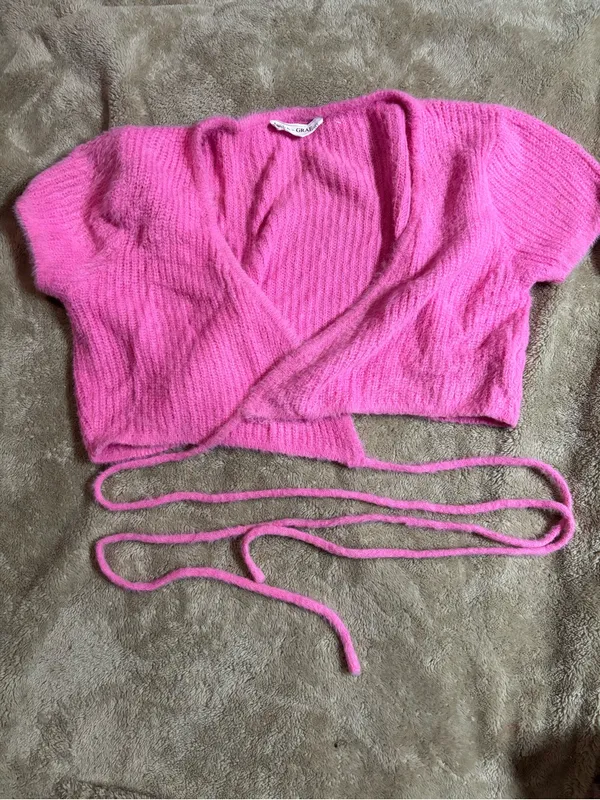 Luca + Grae Hot Pink Fuzzy Knit Wrap Crop Top Tie Waist Short Sleeve L - Image 2