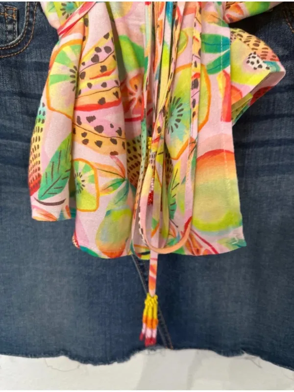 Farm Rio by Anthropologie $138 Rainforest Summer Fruit Print Wrap Blouse Medium - Image 10