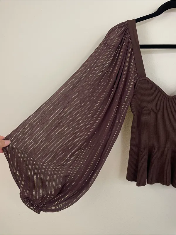 Anthropologie‎ Bl-nk Peplum Twofer Sweater Top Balloon Sleeves Brown Size Small - Image 5