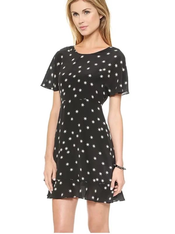 NWOT Pam & Gela Black & White Star Print Washed 100% Silk Flutter Sleeve Dress 6 - Image 3