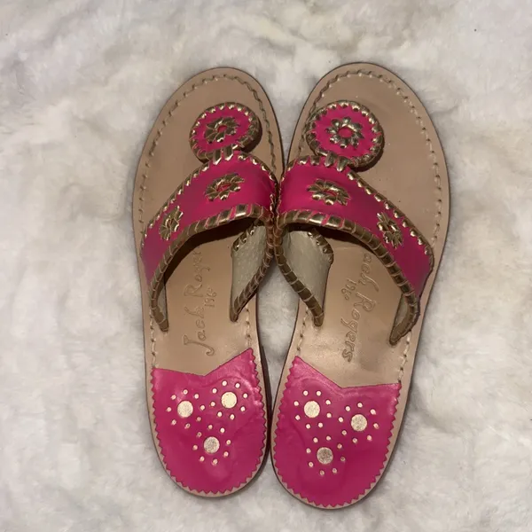 Jack Rogers Pink Gold‎ Leather Preppy Medallion Old Money Sandals Womens Size 5m - Image 2