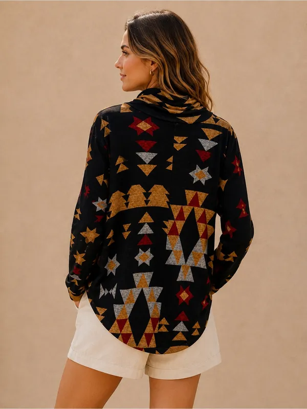LuLaRoe Black Geometric Aztec Print Boho Oversized Drop Shoulder Knit Turtleneck - Image 3