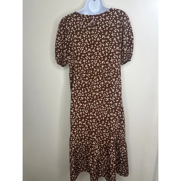 Solution Brown Floral Midi Dress Women's‎ Medium Puff Sleeve Casual Tiered - Image 2