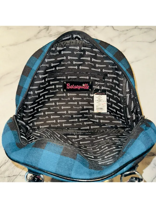 NWT Y2K Betsy Johnson Blue Plaid Bowler Handbag Bag Satchel Rockabilly Pin Up - Image 2