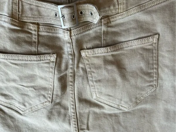 Free People Womens Corsette Skirt Sz 4 Tan Denim Mini Buckle Back Boho Raw Hem - Image 6