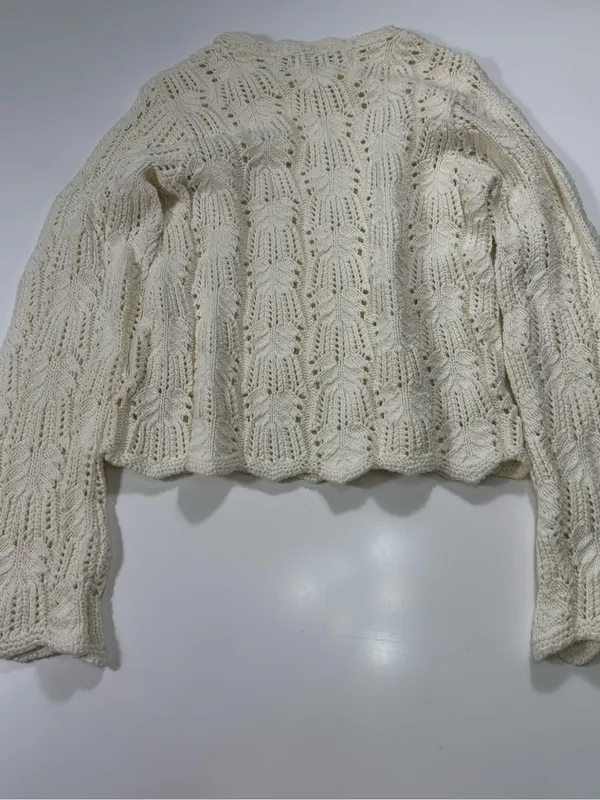 Worthington 100% Cotton Cream Scalloped-Hem Openwork Crewneck Sweater - Image 6