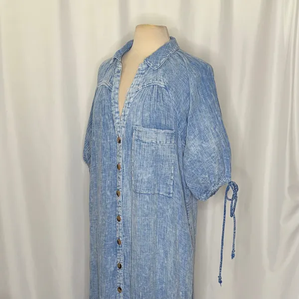 FREE PEOPLE Maya Midi Dress Blue Button Front Washed Look Bohemian Medium - Image 7