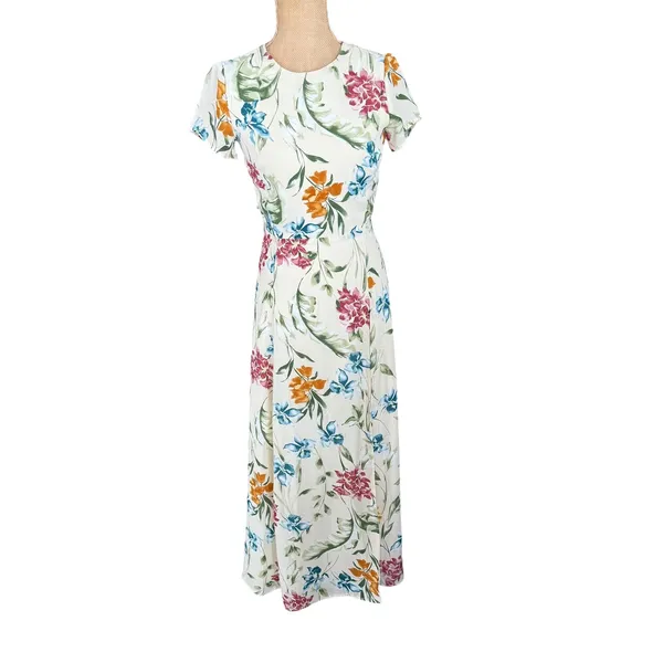 Lulus XS Floral Midi Dress Tie Back Slit Tropical Summer‎ Vacation - Image 2