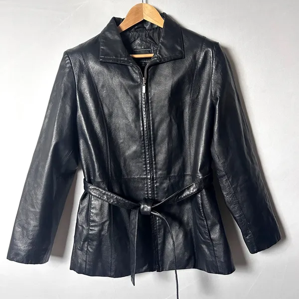 Vintage Outbrook Black Leather Jacket Womens Large Belted Zip Coat 90s - Image 11