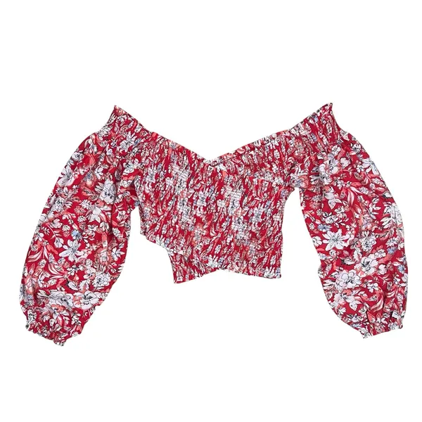 NWT Free People East to West Smocked Top in Red Floral Print Size Medium - Image 2