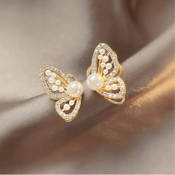 Gold Butterfly Stud Earrings for Women,White Pearl Earrings,Butterfly Earrings - Image 2