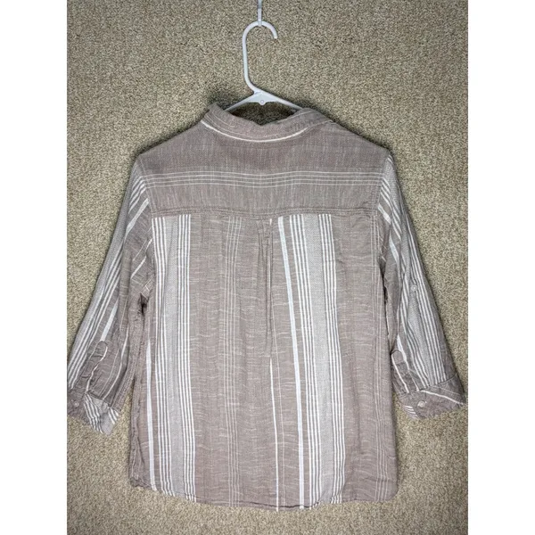 d-a-s-h cotton top tan white striped roll tab 3/4 sleeve‎ button down shirt M - Image 2