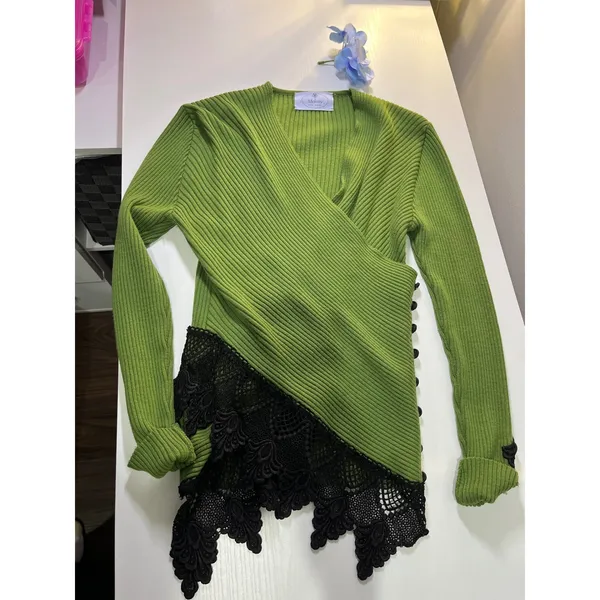 Melony New York Green Ribbed Knit Top -‎ Lace Trim - Flawed/TLC Fine Merino Wool - Image 6