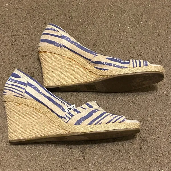 Toms‎ White Blue Stripe Canvas Rope Peep-Toe Wedges Womens Size 8.5 - Image 2