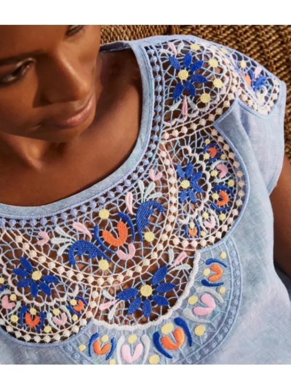 Boden Fleur Linen Embroidered Top in Chambray 12 - Image 2