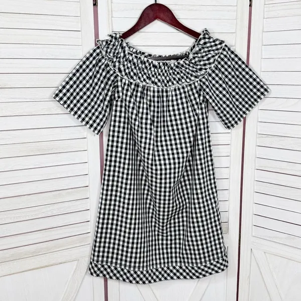 Vineyard Vines Gingham Check Off The Shoulder Shift‎ Mini Dress Black White XS - Image 7