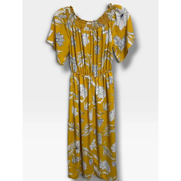 Code Mode NWT XS Mustard Yellow Floral Maxi Dress Off Shoulder Smocked Boho Slit - Image 4