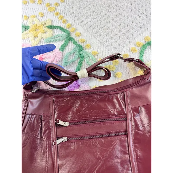 Burgundy Patchwork Leather Multi Pocket Crossbody Shoulder Bag Wine‎ Red - Image 4