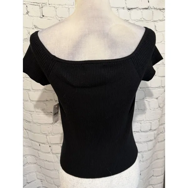 NWT PAC SUN LA Hearts Black Off-The-Shoulder Button Front Sweater Size XS - Image 4