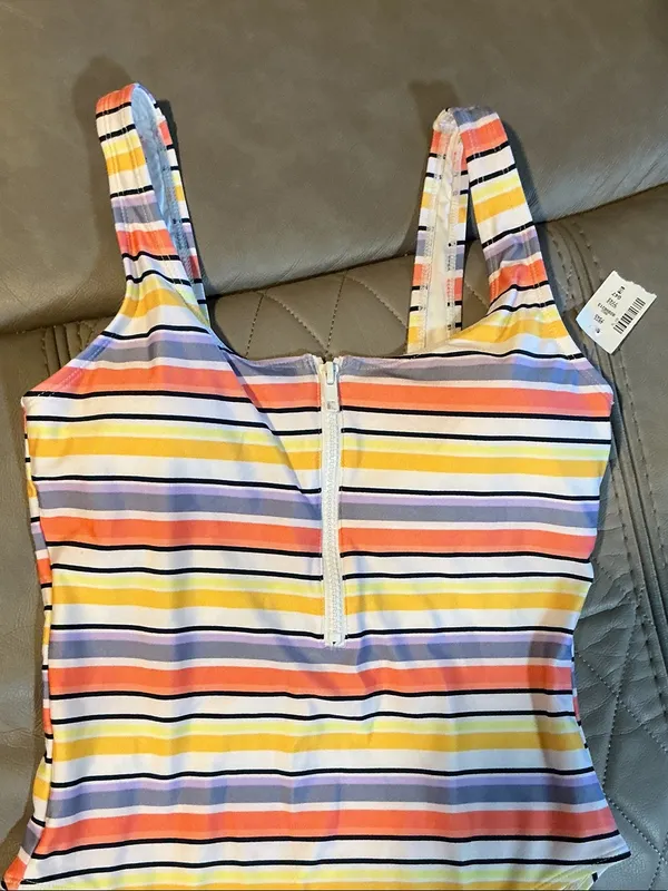 Striped Zip-Front One-Piece Swimsuit in Yellow, Pink & Blue - Image 2