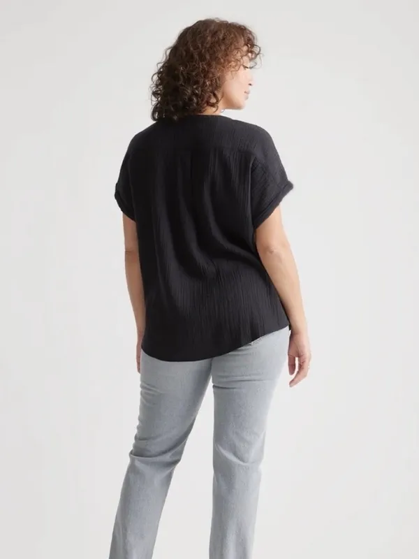 Quince Small Organic Cotton Gauze Roll Sleeve Shirt Black - Image 4