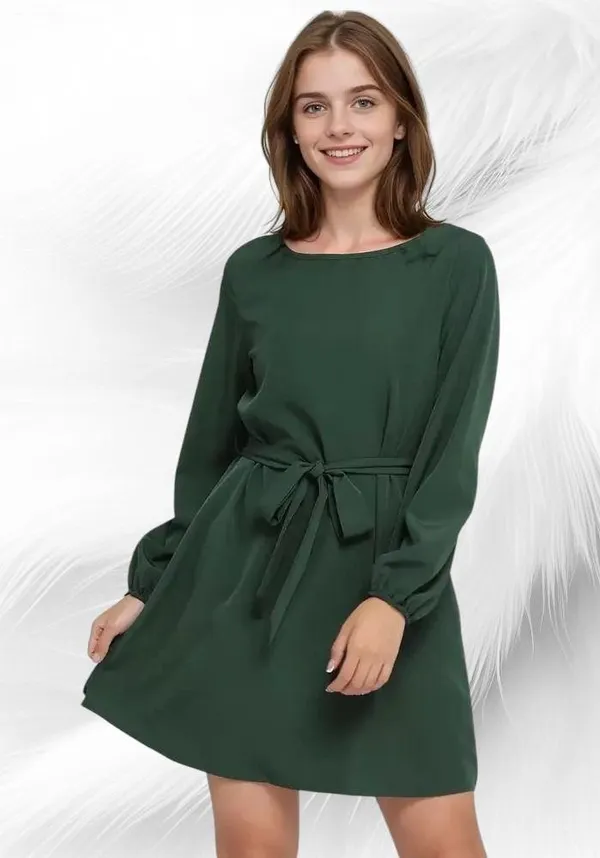 Women's Solid Round Neck Puff A-line Dress - Image 6
