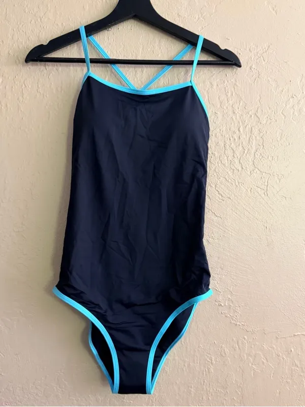 Classic Black One-Piece Swimsuit with Turquoise Trim Period Bathing suit - Image 2